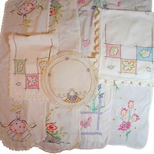 Vintage 7pc Hand Embroidery Bundle Runners, Doily. Crochet